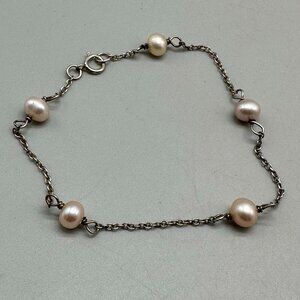 Sterling Silver Faux Pearl Bracelet Chain Link Lightweight Dainty 7.5 Inch